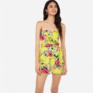 Express Vibrant Neon Yellow and Pink Floral Strapless Romper with Tie Waist